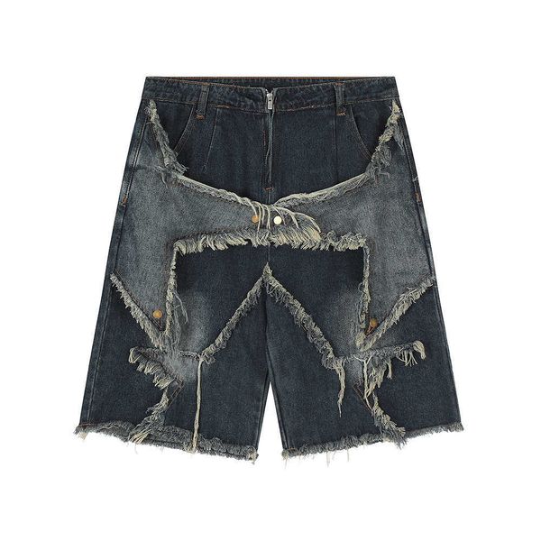 

high street washed vintage patchwork jeans shorts for men straight y2k wide leg baggy casual summer denim knee length pants, White;black