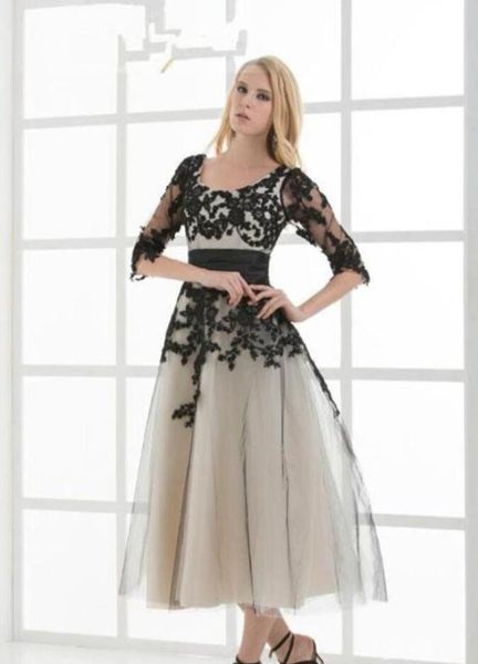 

black and champagne vintage tea length short wedding dresses with sleeves corset back aline gothic informal bridal gowns with col7335046, White