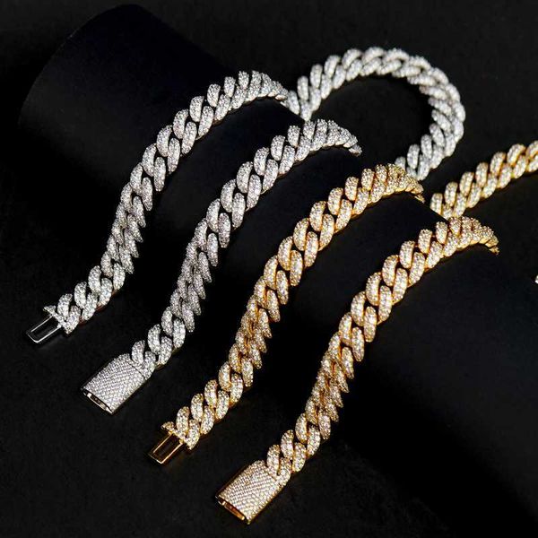 

iced out gold plated silver 925 12mm micro pave vvs moissanite miami cuban chain and bracelet set moissanite men
