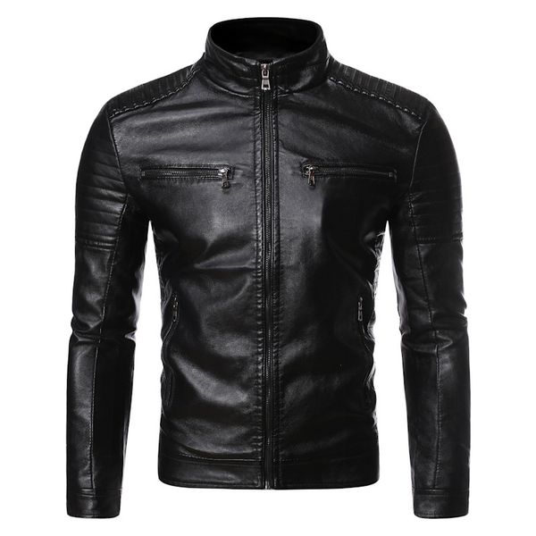 

Autumn fashion mens contrast color plus size stand collar zipper biker leather jacket, Brown