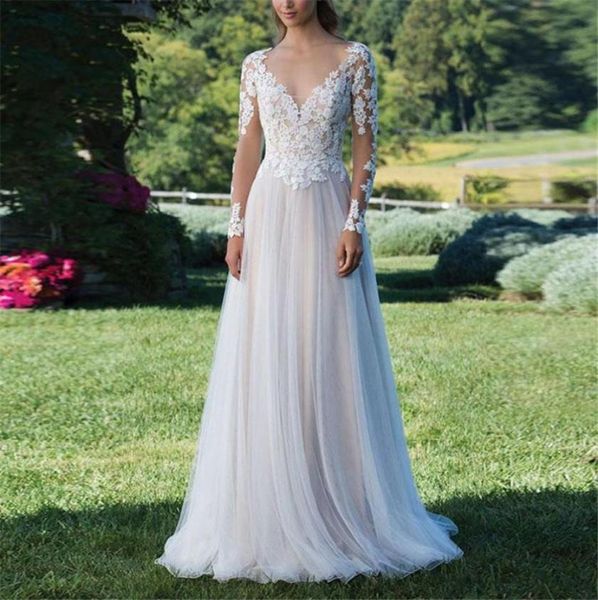 

bohemian wedding dress 2020 aline open back bridal dress long sleeve lace with appliques and tulle wedding dress vestidos de3262514, White