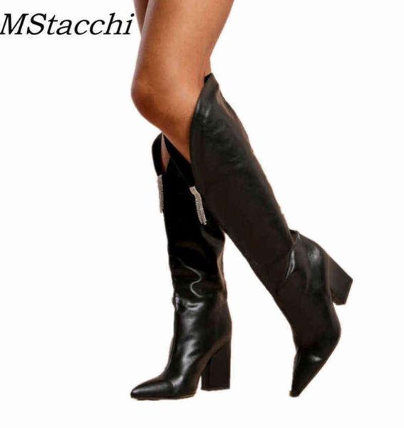 

boots women039s high boots chunky heel silver decoration pointed toe ladies shoes party heels knee botas mujer 2022 2207297080545, Black