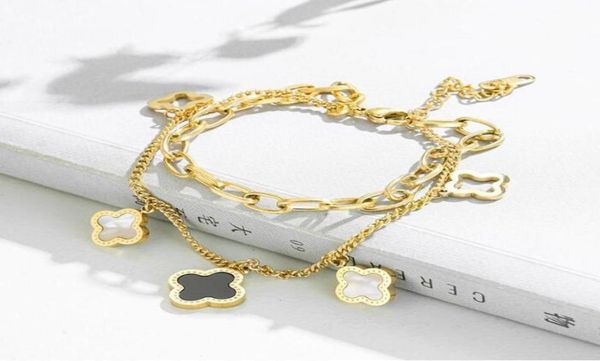 

classic design multilayered clover charm bracelet lucky stainless steel four leaf jewelry8306128, Golden;silver