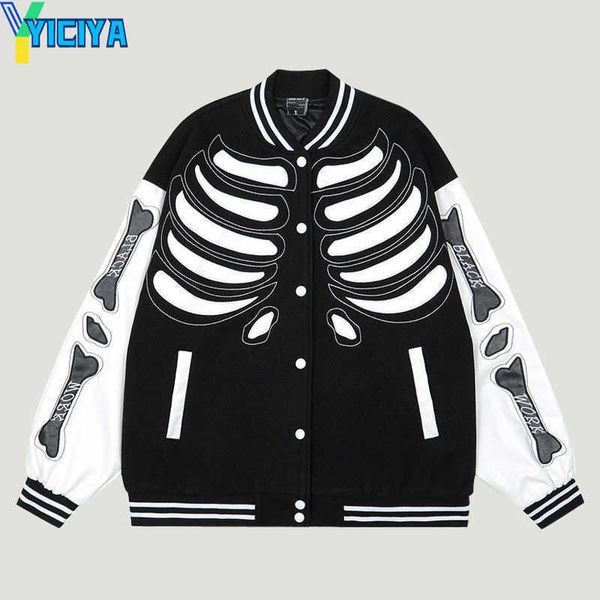 

yiciya men's jackets hip hop bomber baseball men streetwear harajuku skeleton bones embroidery patchwork oversize casual varsity coats, Black;brown