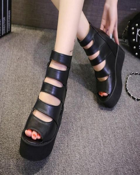

summer black flat platform gothic gladiator sandals women wedge heel peep toe light thick sole goth rome shoes ladies who11769256