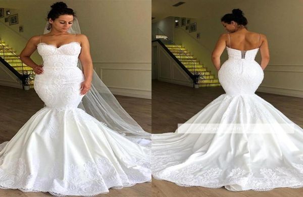

elegant plus size spaghetti straps lace mermaid wedding dresses 2019 tulle applique sweep train wedding bridal gowns with lace up 7033291, White
