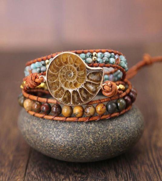 

ammonite fossils seashell snail charm handmade wrap bracelet ocean reliquiae conch animal boho braied bracelet for menwomen t19129252225, Golden;silver