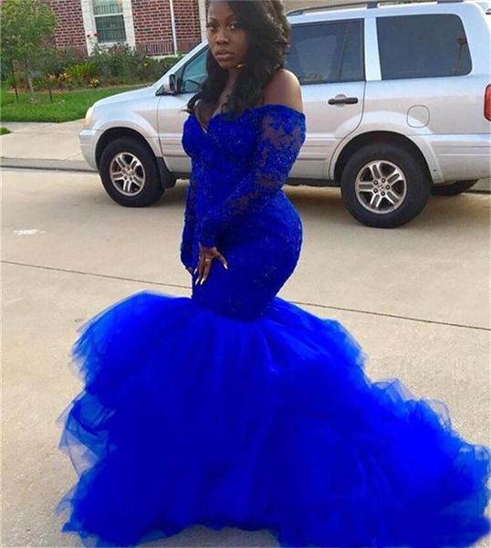 

plus size royal blue mermaid prom dresses long sleeve black girl lace tutu evening dresses african lady formal evening gowns sd3382645366
