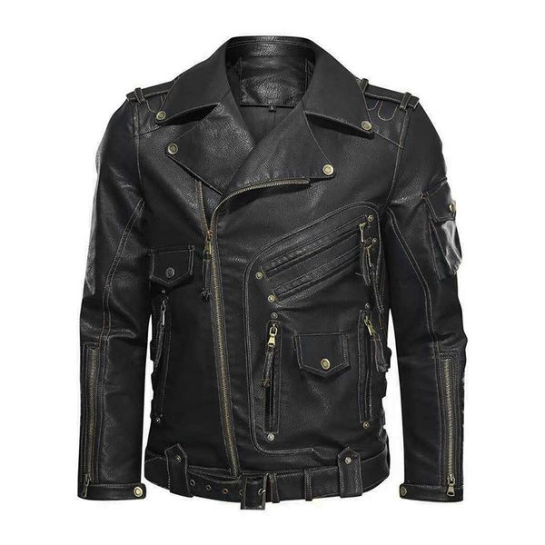 

Autumn Street Men Black Lapel Neck Genuine Leather Motorcycle Jackets Multi Pocket Zipper Punk Biker Leather Jacket