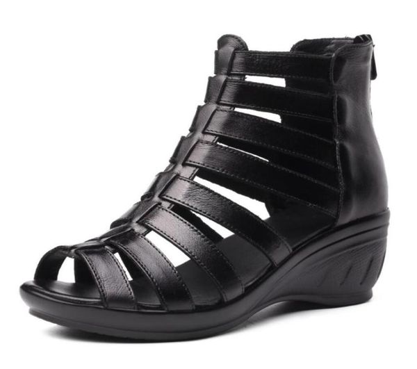 

2021women gladiator sandals summer genuine leather wedges black open toe fashion rome simple 55cm heel ladies sandlias7278546