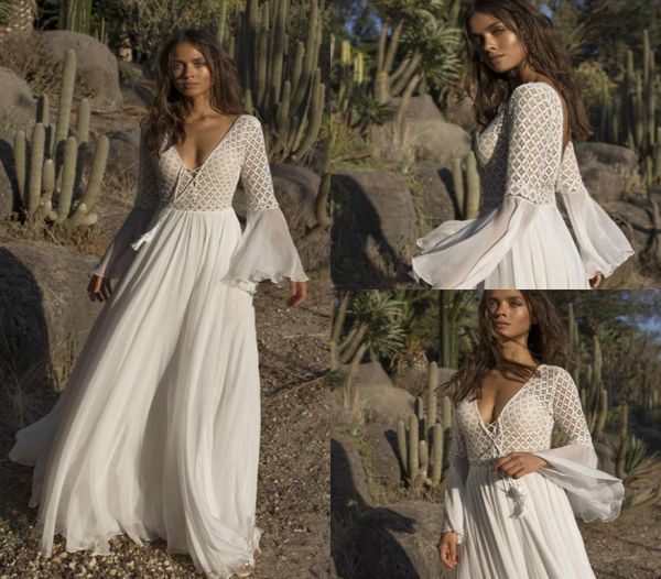 

asaf dadush boho wedding dresses bridal gowns deep v neck long sleeve crystal beaded a line floor length bohemian beach bride9159631, White