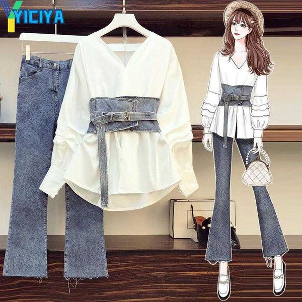 

yiciya women's two piece pants autumn suits women's waist shirt denim trousers two-piece sets, White