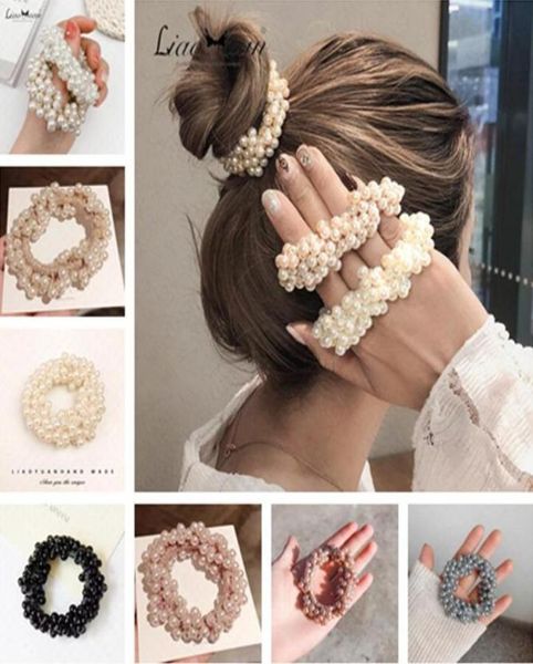 

woman elegant pearl hair ties beads girls scrunchies rubber bands ponytail holders hair accessories soft elastic hair band scrunch5297327, Slivery;white