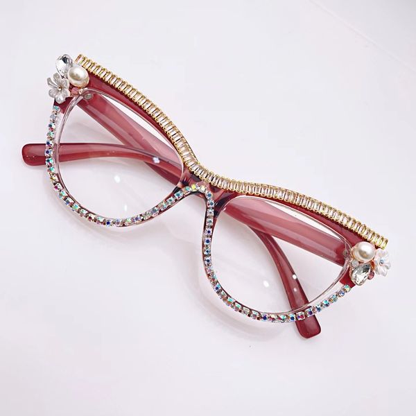 

wholesale selling handmade rhinestone inlaid eyeglasses frame anti-blue light cat eye glass full frame eyewear for female decorative glasses, White;black