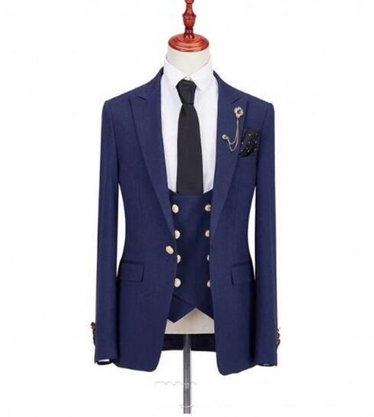 

navy blue groom tuxedos peak lapel groomsmen wedding dress excellent man jacket blazer dinner 3 piece suitjacketpantsvesttie 8687951, Black;gray