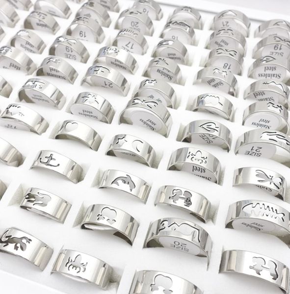 

whole 100pcs lot men039s women039s stainless steel band rings laser cut patterns polished fashion jewelry ring party fav1918721, Silver