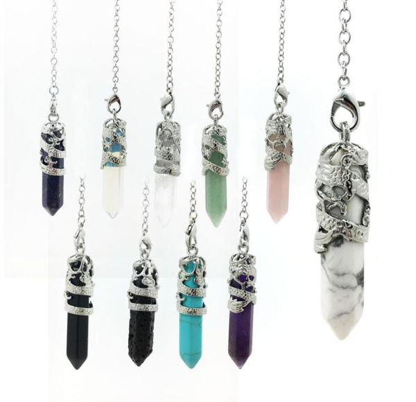 

natural gemstone pendant chains crystal healing chakra reiki silver stone hexagonal prisme dragon pendulum pendant charms jewelry 2950931