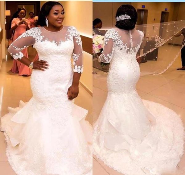 

2017 robe de mariage lace plus size wedding dresses jewel neck 34 long sleeves south african bridal gowns with see through back9087445, White