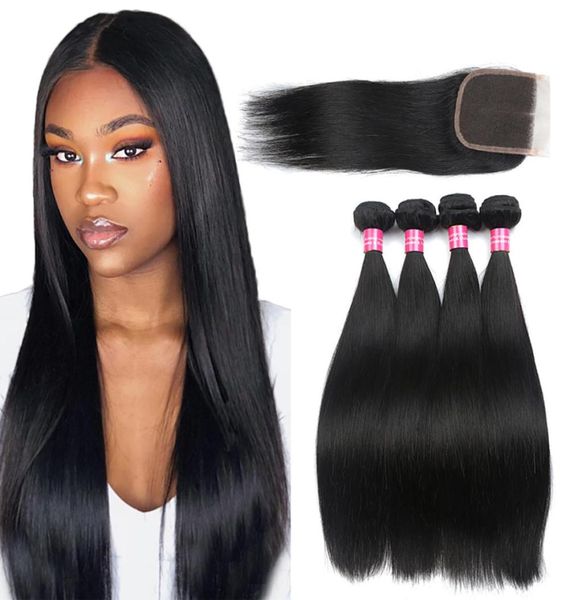 

peruvain virgin hair with closure unprocessed brazilian straight human hair 3 or 4 bundles with lace closure natural color remy hu3095653, Black;brown