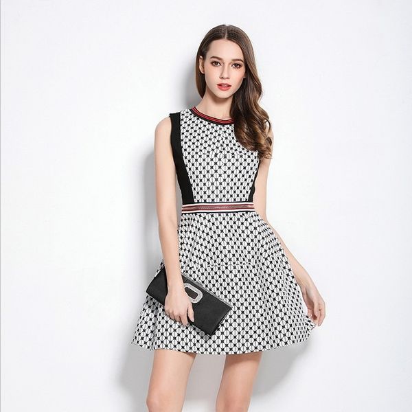 

2023 summer european station high-end big-name women's fashion splicing slim wave dot puffer dress jacquard dress, Black;gray