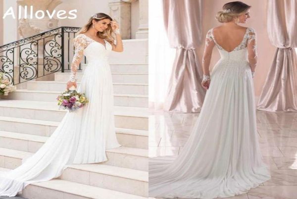 

beach boho wedding gowns with long sleeves bohemian lace appliques a line chiffon garden bridal dress v neck sweep train back3480798, White