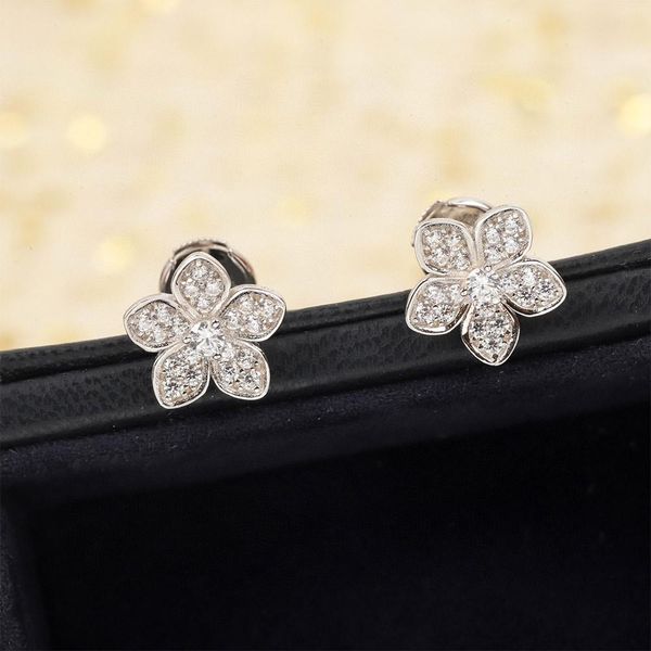 

stud trend brand pure 925 sliver crystal flower blossom stud earrings cute luxury jewelry for women girl gift, Golden;silver