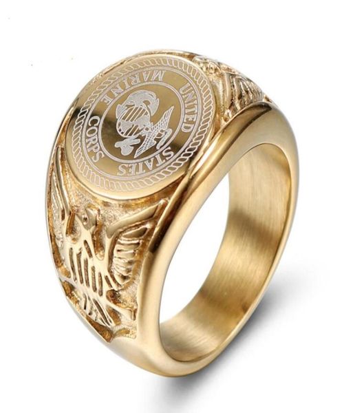 

men 316l stainless steel united states marine corps gold ring classic titanium steel casting soldier badge ring eagle fashion ring3813415, Golden;silver