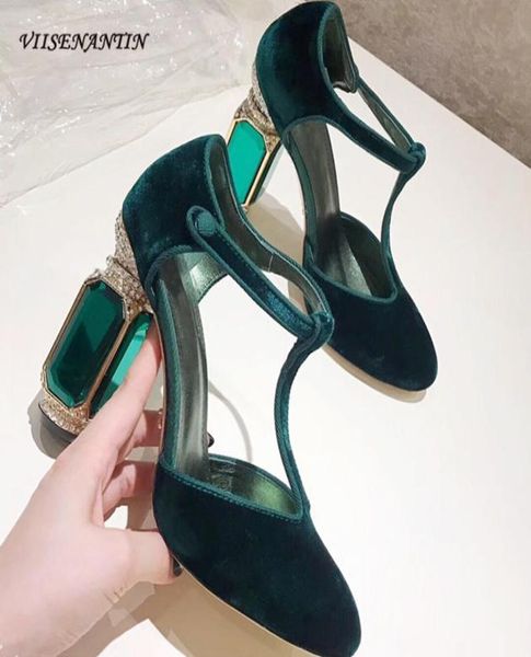 

viisenantin velvet high heel shoe green purple red t belt retro style rhinestone gemstone wedding party shoes 2103313677863, Black;white