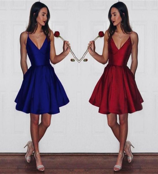

simple red satin short homecoming dresses v neck spaghetti straps backless prom dresses with pockets dark navy green elegant party3270662, Blue;pink