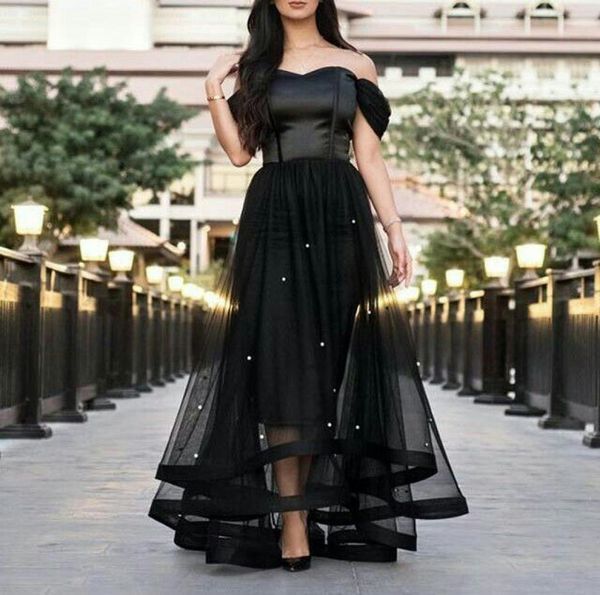 

2017 black prom dresses off the shoulder glass crystals beaded tulle satin boned bodice short front and long back evening gowns3724036