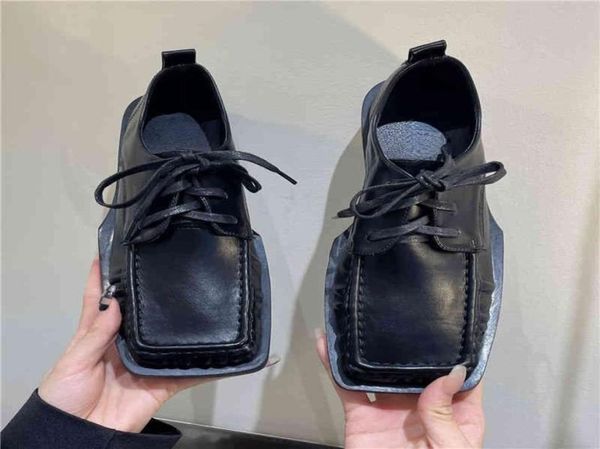 

retro square nose small leather shoes women 2022 soft pu leather flats brogues allematch loafers derby laceup oxford shoes5868012, Black