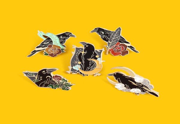 

crow raven enamel pin custom bird feather moon flowers brooches bag lapel pin punk badge gothic jewelry gift for friends dark9776568, Blue