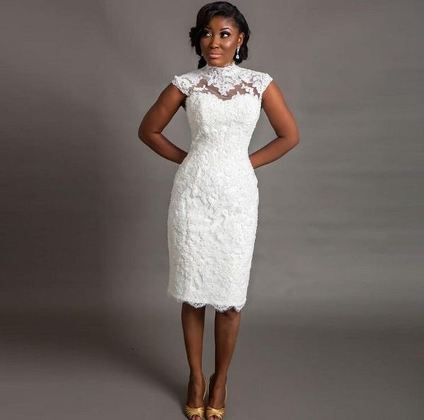 

2016 corset high neck lace wedding dresses vintage sheer neck knee length wedding dress floral appliques cap sleeve african weddin5712639, White