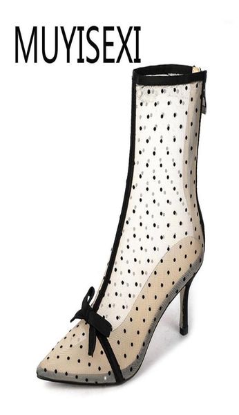 

boots summer transparent air mesh pointed toe short booties fashion women pumps 7cm thin high heels spring black bal01 muyisexi14449160