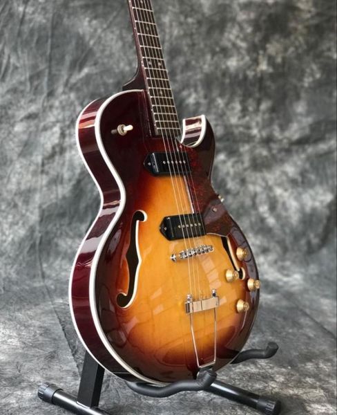 

1956 es 140 vintage sunburst semi hollow body electric guitar 34 size short scale double f holes black p 90 pickups with dog ear2951144