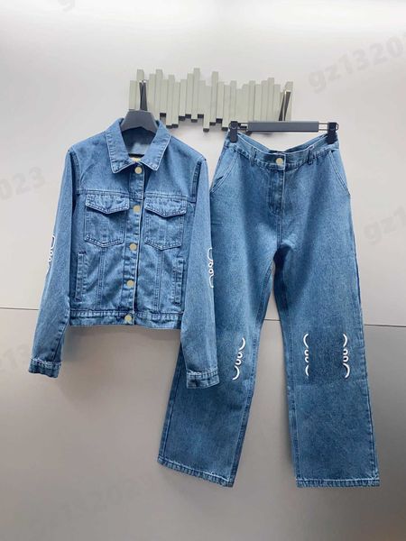 

denim tracksuit cardigan designer jacket two piece set skeleton patch embroidery logo womens denims jackets embroidered logo straight jeans, White