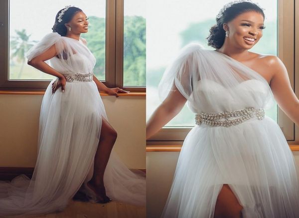 

african white wedding dress 2023 aso ebi bride bridal gowns one shoulder side split a line crystal robes de mariee3359649