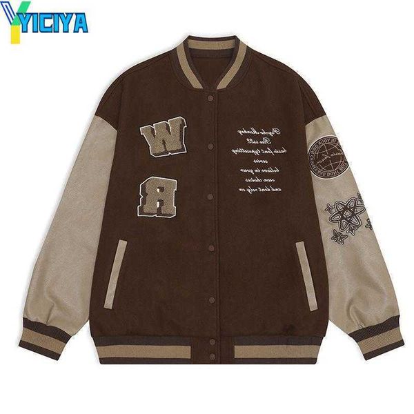 

yiciya men's jackets vintage letter embroidery baseball uniform men hip hop bomber jacket fashion high street oversize loose varsity ou, Black;brown