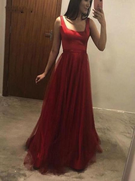 

square neckline aline prom dresses simple satin long tulle evening party gowns open back vestido de formatura5630373, Black;red