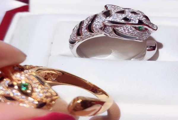 

black spot leopard head rings paved 3a cubic zirconia stone animal panther ring adjustable for men women copper party jewelry y0725880918, Slivery;golden