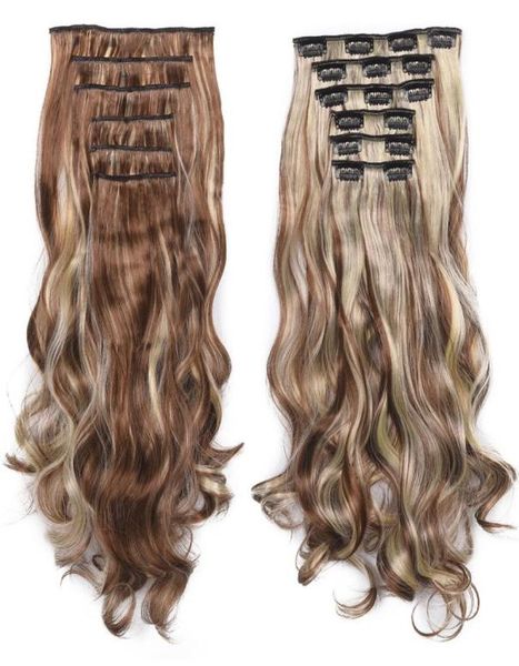 

6pcsset hairpiece 140g curly 16 clips in false styling hair synthetic clip in hair extensions heat resistant6494021, Black;brown