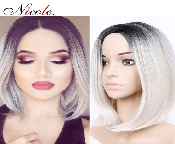

nicole 12inch african american straight bob wigs short shoulder length ombre white blonde brown 6 colors 3714596, Black