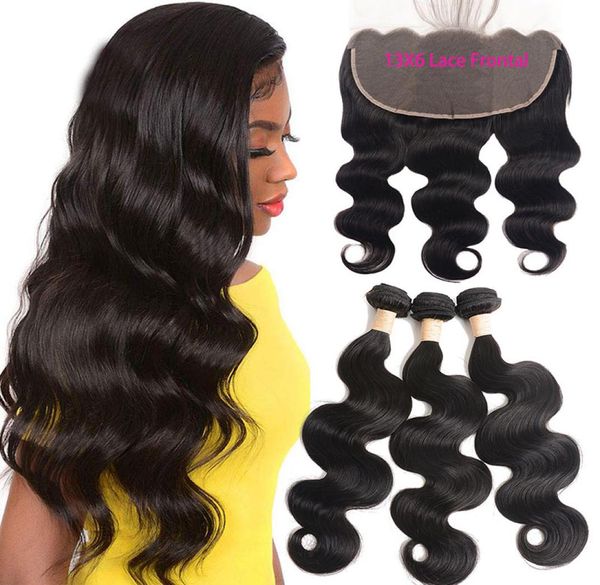 

malaysian virgin hair body wave 4 pieceslot human hair bundles with 13x6 lace frontal natural color body wave hair wefts with clo7741677, Black;brown