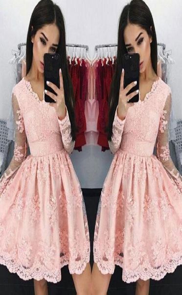 

2018 new sweet pink v neck short cocktail dresses longsleeves aline lace applique mini homecoming dresses 732800, Black