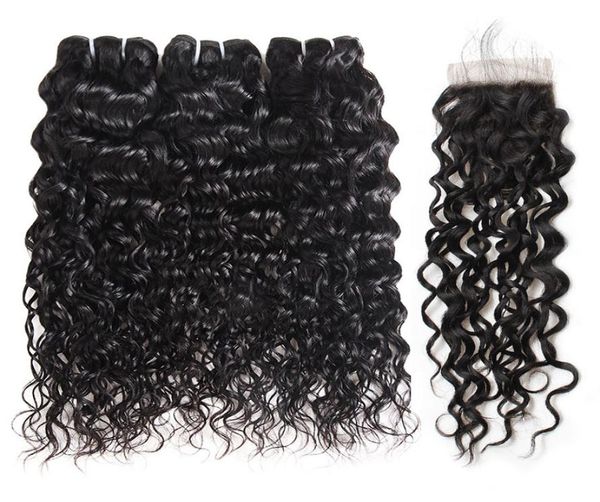 

ishow brazilian water wave hair with 44 lace closure human hair bundles with closure peruvian wavy human hair extensions20893701717223, Black