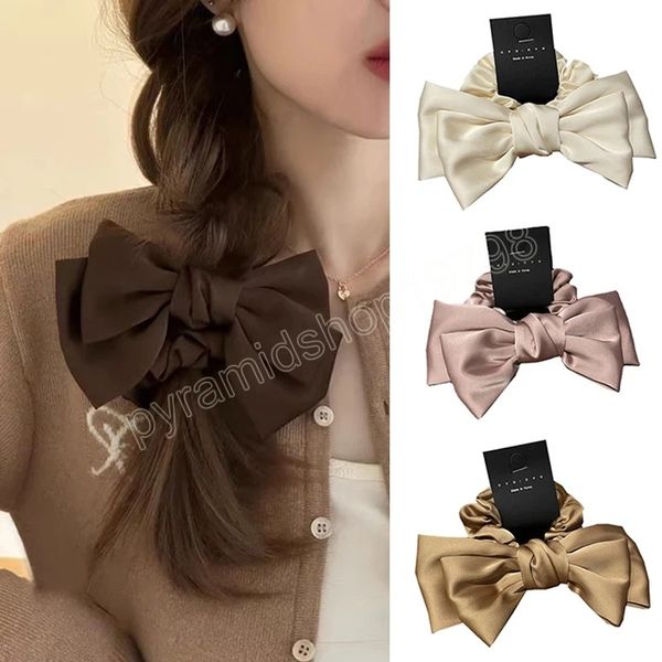 

french double-layers bows knotted satin hair ties silky elastic hair bands women solid color ponytail holder hair accessories, Slivery;white