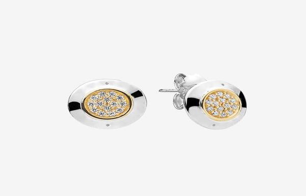 

classic gold plated sparkling stud earrings women girls summer jewelry with original box for pandora 925 sterling silver earring s5143416, Golden;silver