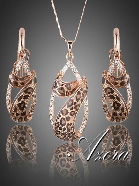 

wholeazora rose gold plated austrian crystals water drop twining with leopard riband earrings and necklace jewelry sets tg0199310959, Silver