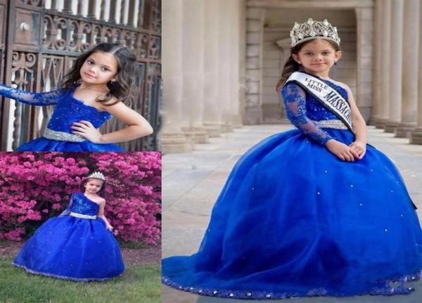 

2019 long sleeves one shoulder girl039s pageant dress with sash princess ruffle beaded appliques girl039s formal dresses kid9521218, White;red