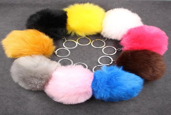 

fluffy pom pom keychain soft faux rex rabbit fur ball car key rings pompom plush keychains silver keys holder women bag pendant je7303782, Slivery;golden